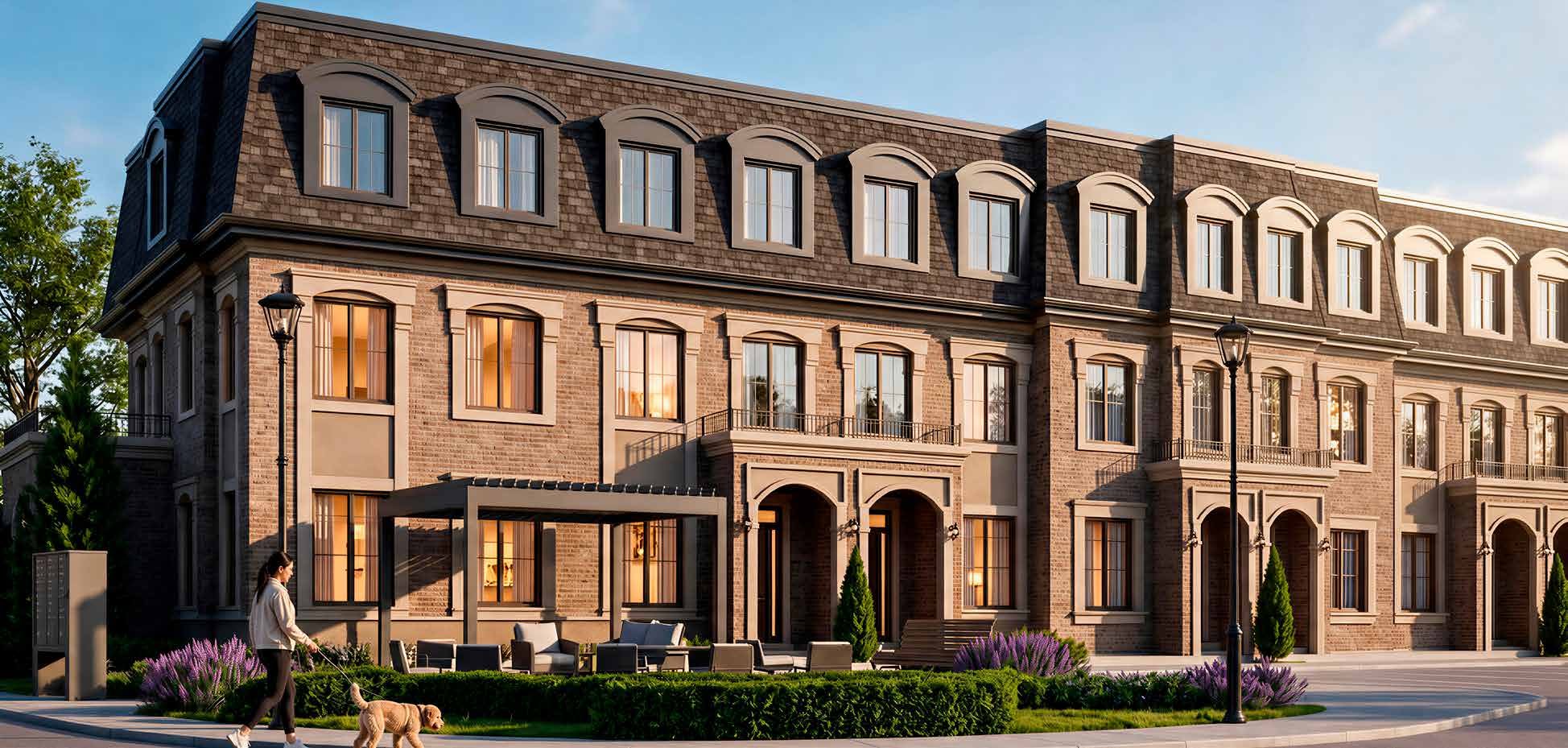 Artist's concept of Block 3 facing the rear parkette: tan brick townhomes with arched windows, a pergola and outdoor seating