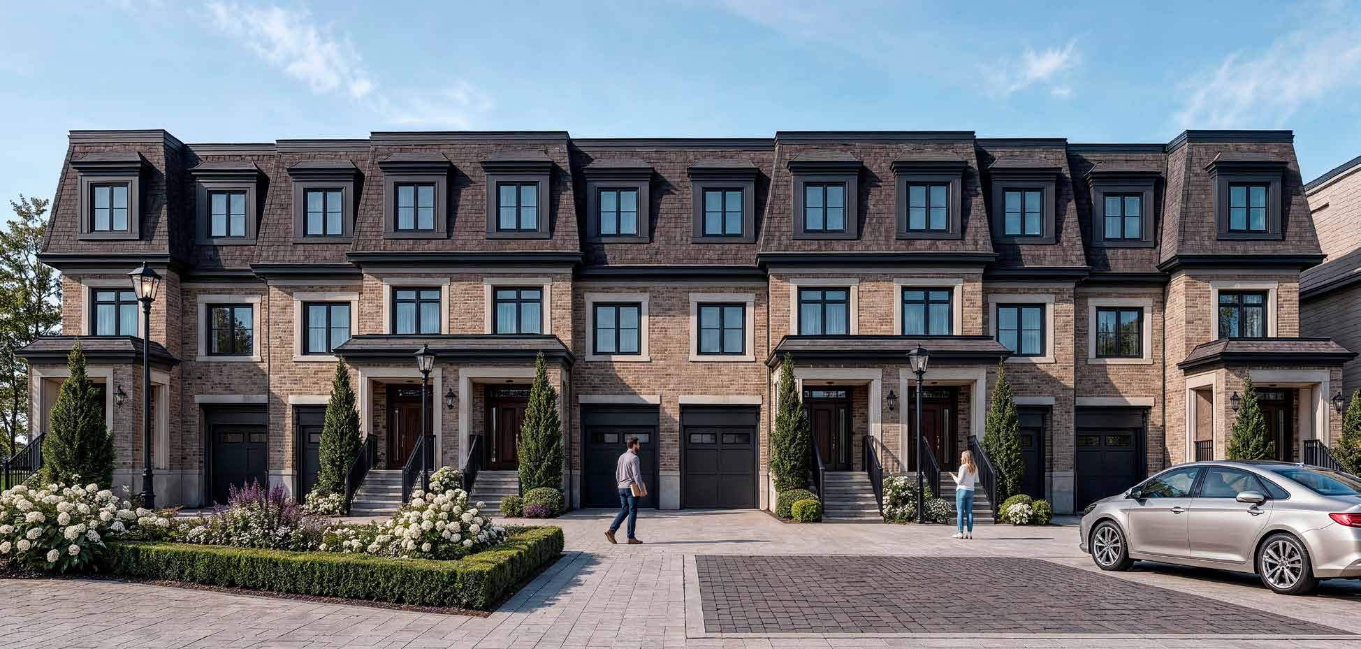 Artist's concept of traditional townhomes with garages at the front