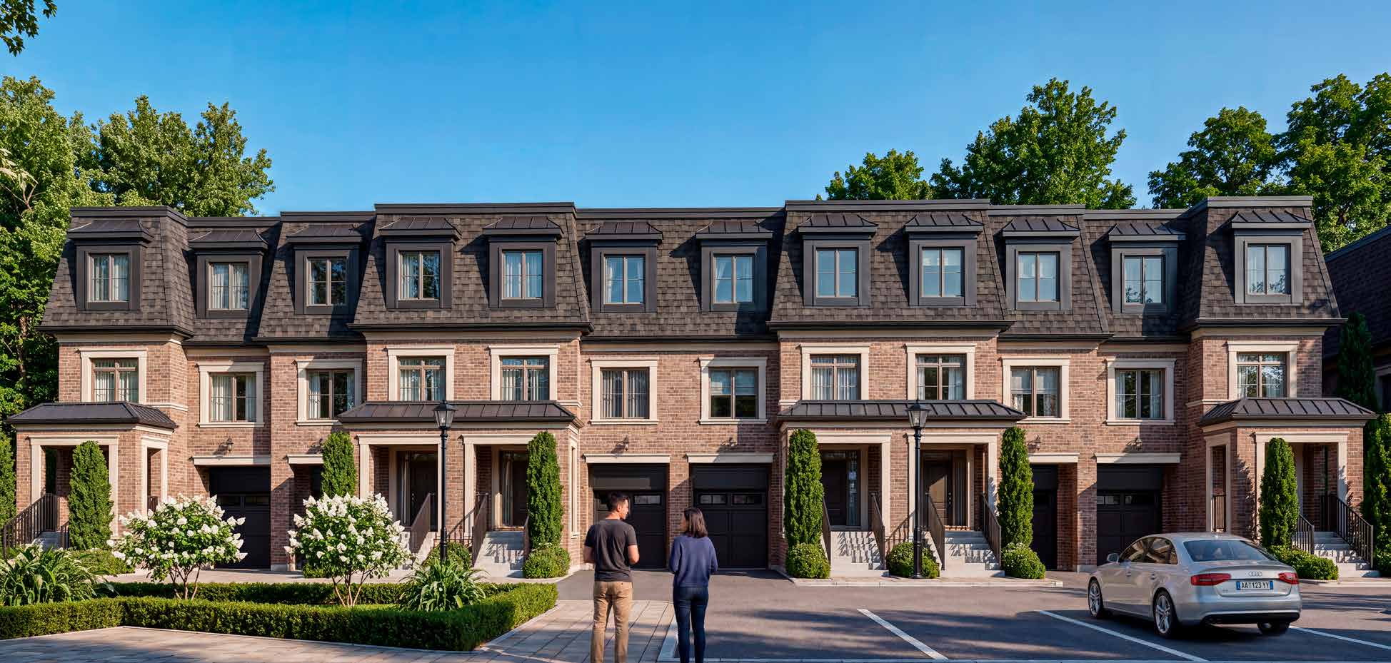 Artist's concept of Block 5: brick townhomes with copper-roofed porticos