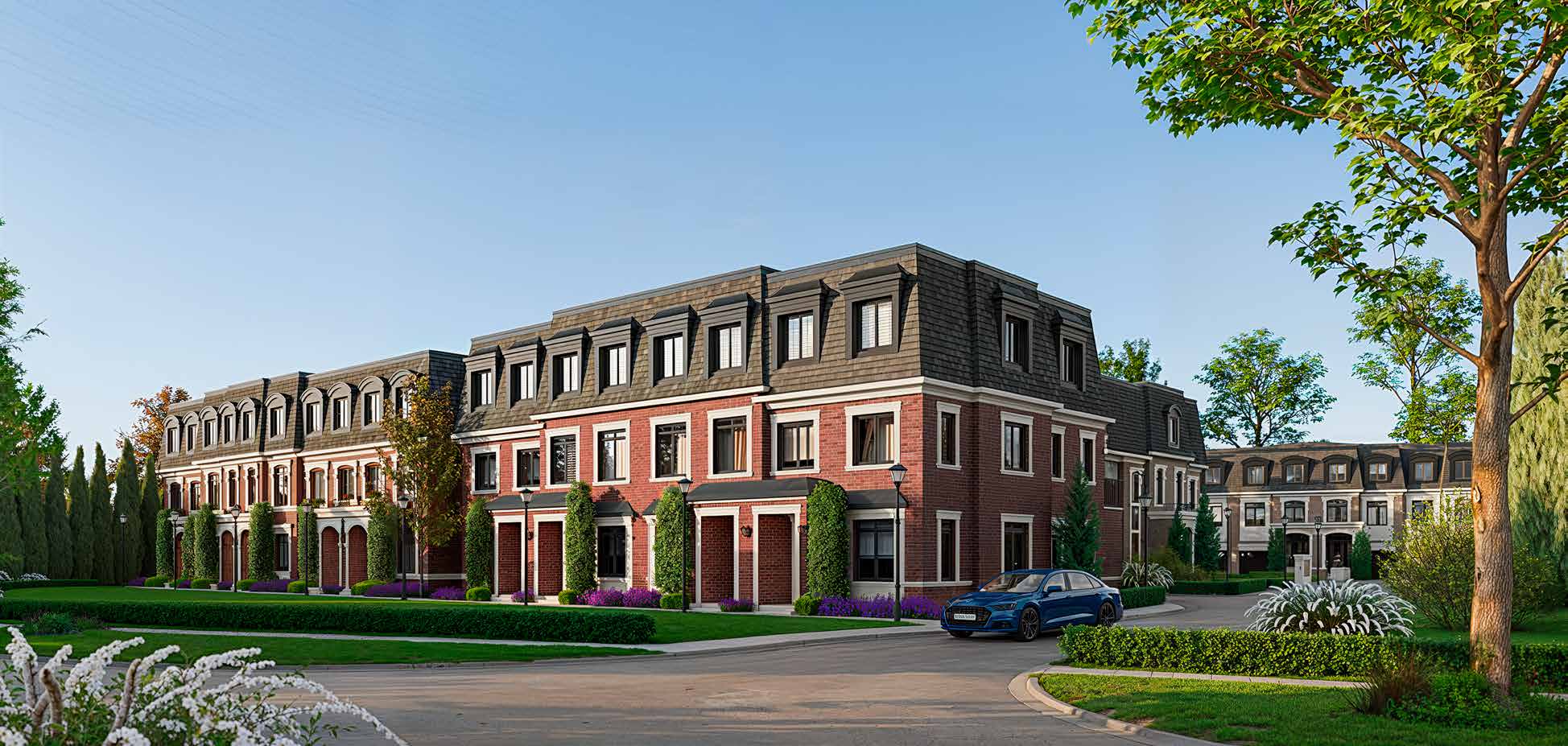 Artist's concept of Victoria Crown Collection: three-storey red brick townhomes with mansard roofs along the entrance crescent