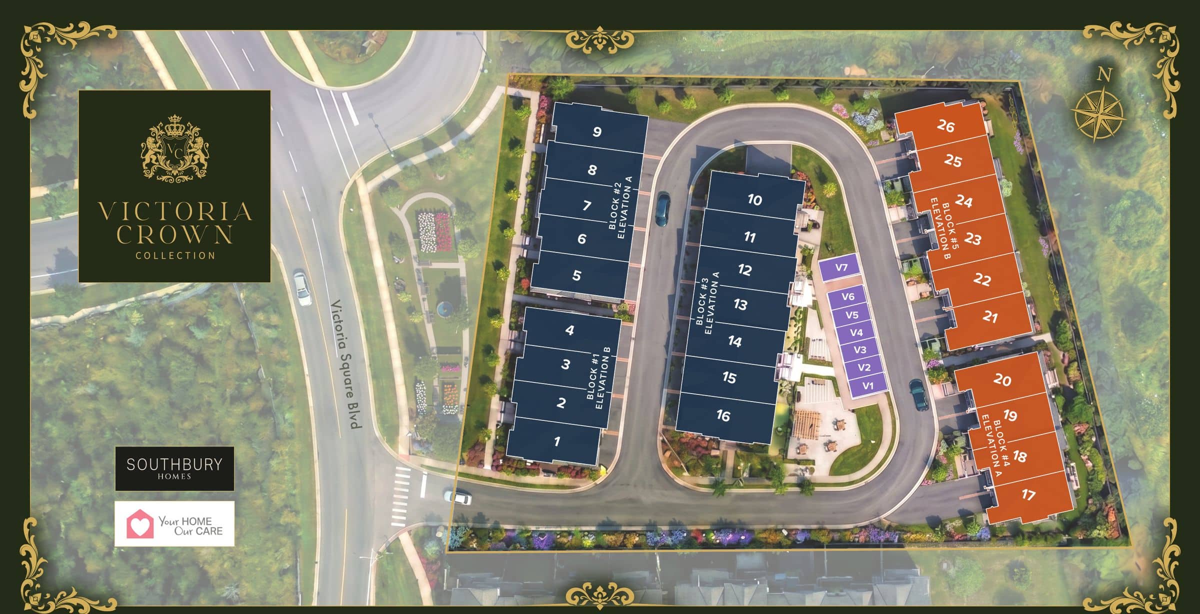 Site plan of Victoria Crown over an aerial photo, beside the Victoria Crown Collection and Southbury Homes logos: lots 1 to 16 in Blocks 1 to 3 on the west and centre, lots 17 to 26 in Blocks 4 and 5 on the east, each block labelled with its elevation, seven visitor parking spaces beside the parkette, off Victoria Square Boulevard